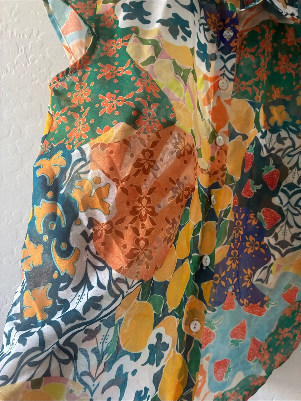 Maximalist Summery Printed Cap Sleeve Button up Shirt - Picture 4 of 4